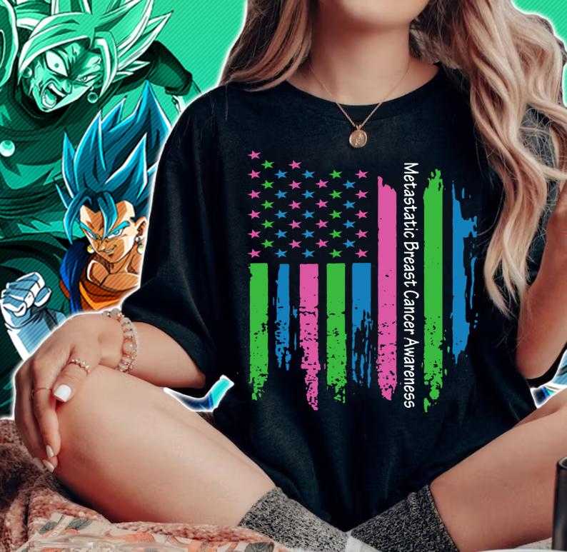 USA Flag Ribbon Metastatic Breast Cancer Awareness t-shirt woman shirt