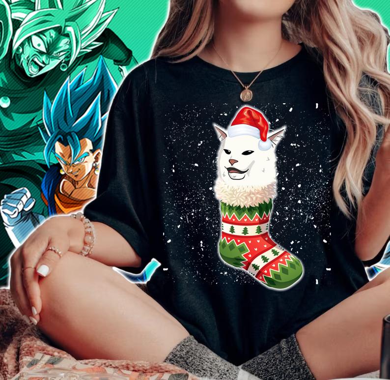 Christmas socks Woman Yelling Cat Meme t-shirt woman shirt