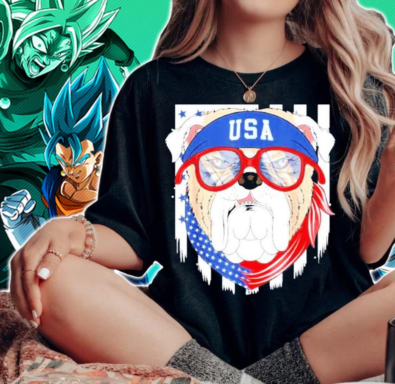 Patriotic USA 4th July Bulldog Bull Dog US Flag Sunglasses Shirt t-shirt woman shirt