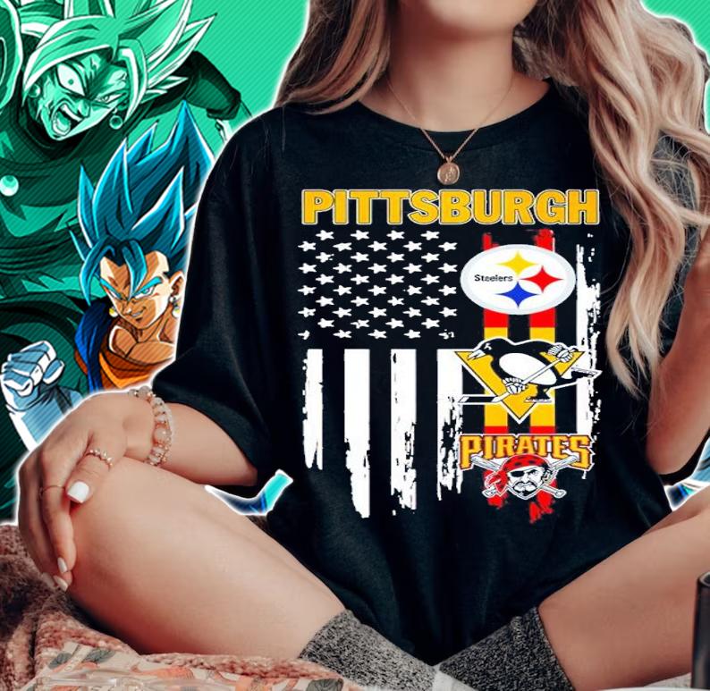 American Flag Pittsburgh Pittsburgh Steelers Penguins And Pittsburgh Pirates Shirt t-shirt woman shirt