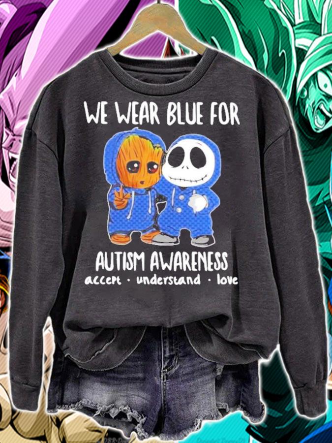 Baby Groot and Baby Jack Skellington We Wear Blue For Autism Awareness Accept Understand Love Shirt t-shirt sweatshirt