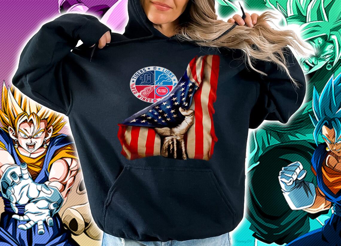 Detroit Sports Teams Tigers Lions Red Wings Pistons American Flag USA Hand t-shirt hoodie