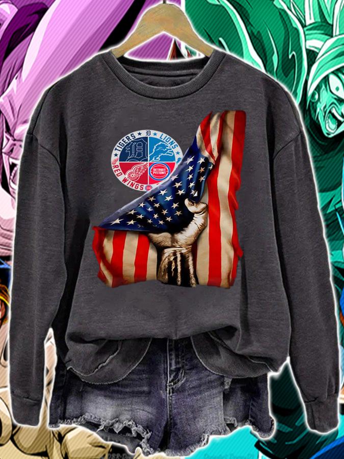 Detroit Sports Teams Tigers Lions Red Wings Pistons American Flag USA Hand t-shirt sweatshirt