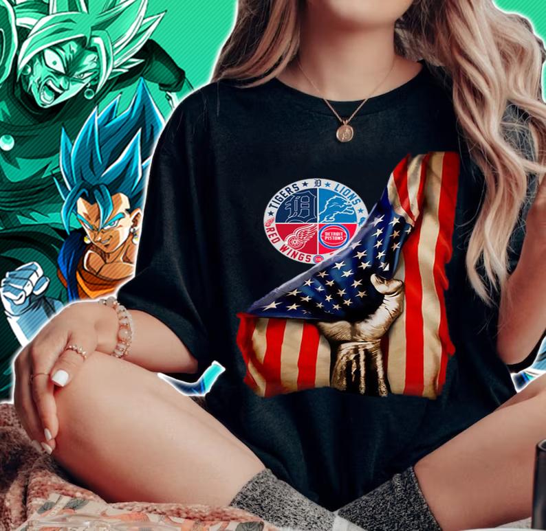Detroit Sports Teams Tigers Lions Red Wings Pistons American Flag USA Hand t-shirt woman shirt