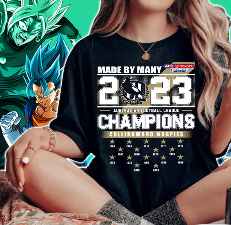 Made By Many 2023 Australian Football League Champions Collingwood Magpies t-shirt woman shirt