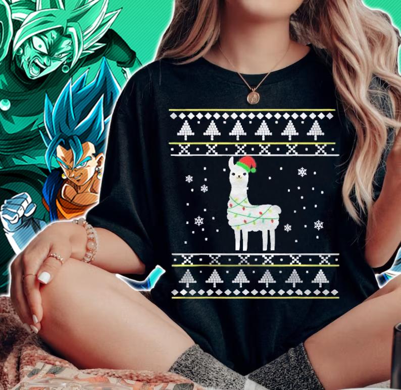 Funny Christmas Llama Santa Hat Lights Xmas Gift Shirt t-shirt woman shirt