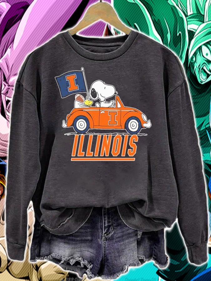 Illinois Snoopy And Woodstock Driving Car Illinois Fighting Illini Flag t-shirt sweatshirt