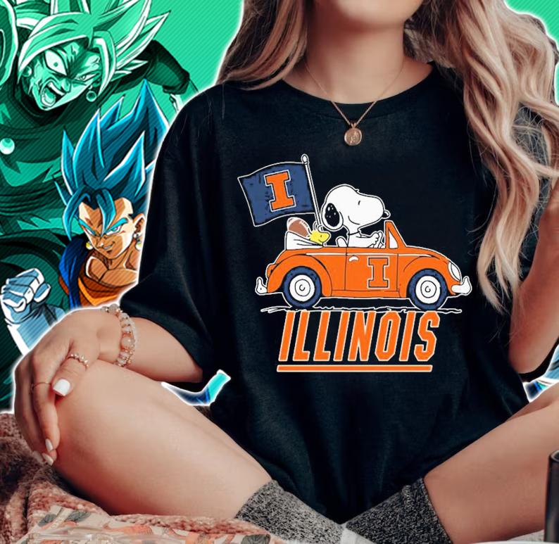 Illinois Snoopy And Woodstock Driving Car Illinois Fighting Illini Flag t-shirt woman shirt