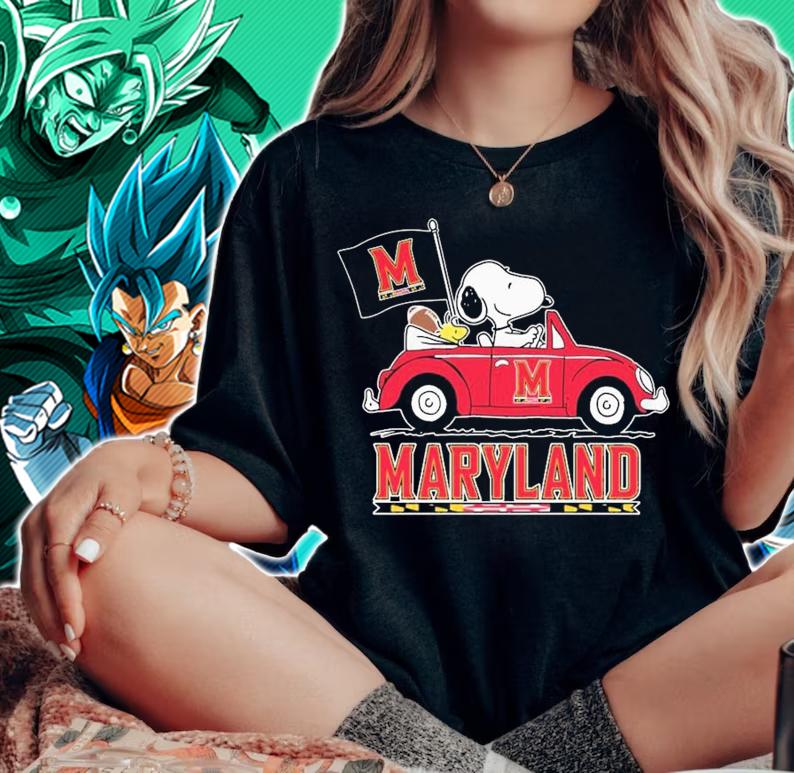 Snoopy And Woodstock Driving Car Maryland Terrapins Flag t-shirt woman shirt