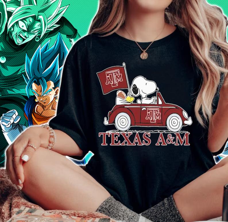 Snoopy And Woodstock Driving Car Texas A&M Aggies Flag t-shirt woman shirt