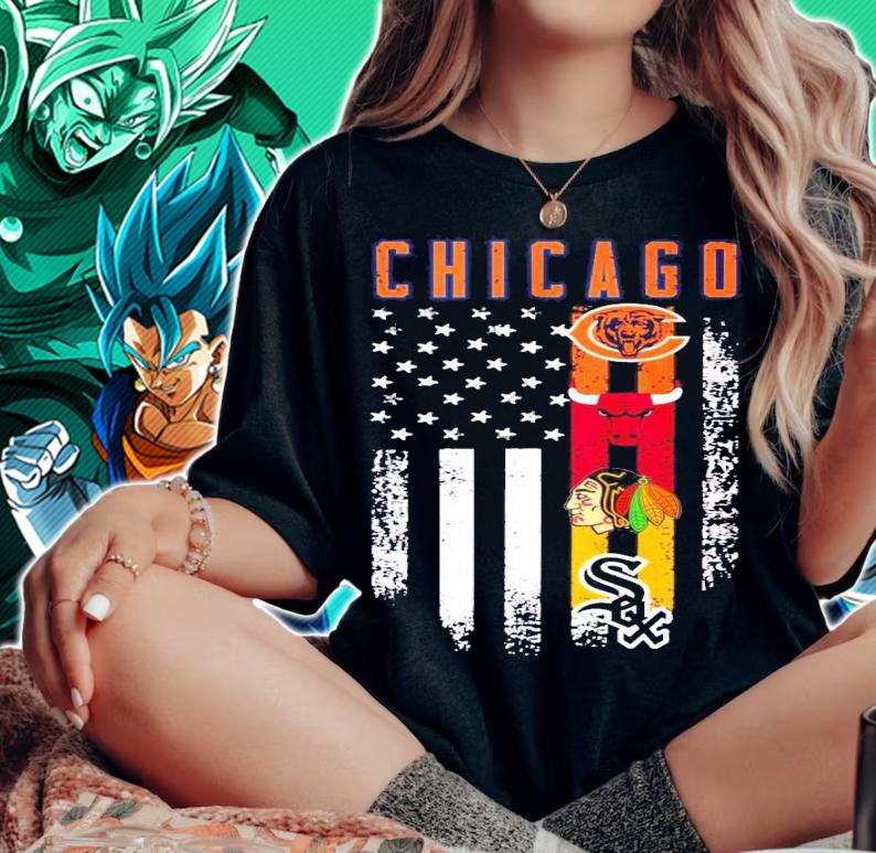 Chicago Bears Bulls Blackhawks White Sox Chicago Sports Team American flag t-shirt woman shirt