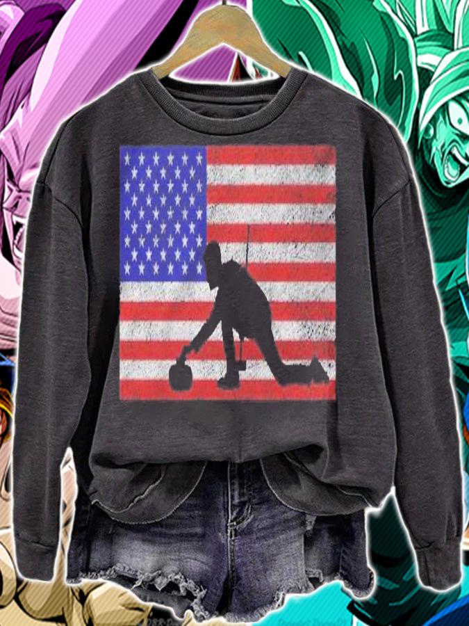 Vintage Usa Flag Curling Rock Stone Roaring Game Shirt sweatshirt