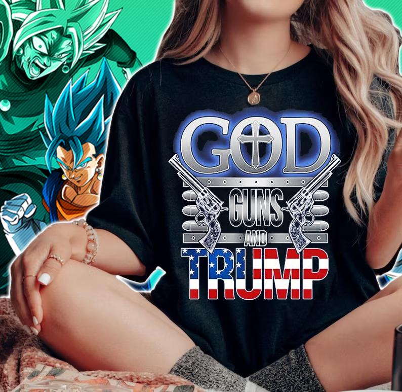 God Guns And Donald Trump Funny USA Flag T-Shirt woman shirt