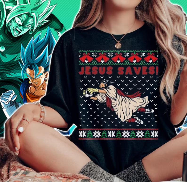 Jesus Saves Soccer Goal Keeper Ugly Christmas T-Shirt woman shirt