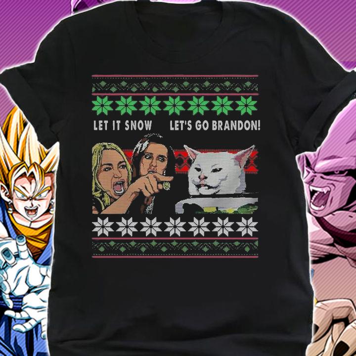 Let It Snow Let's Go Brandon Cat Meme Ugly Christmas T-Shirt shirt