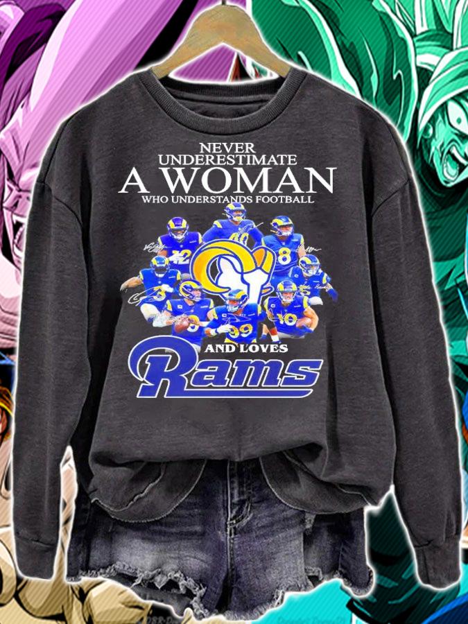 Official Never Underestimate A Woman Who Understands Football And Loves Los Angeles Rams Signatures Shirt sweatshirt