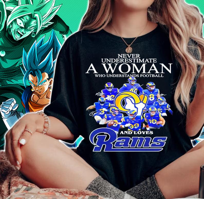 Official Never Underestimate A Woman Who Understands Football And Loves Los Angeles Rams Signatures Shirt woman shirt