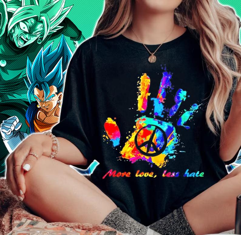 Hand print Hippie peace sign more love less hate shirt woman shirt Hand print Hippie peace sign more love less hate shirt woman shirt