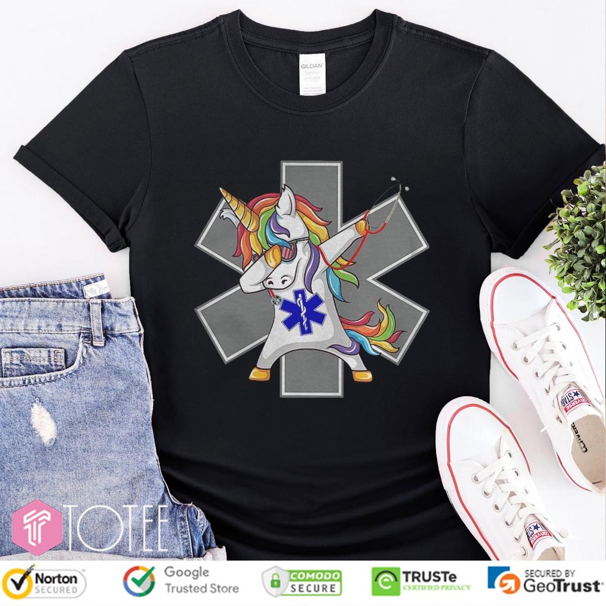 Dabbing Unicorn Rainbow Nurse Emt Logo T-shirt